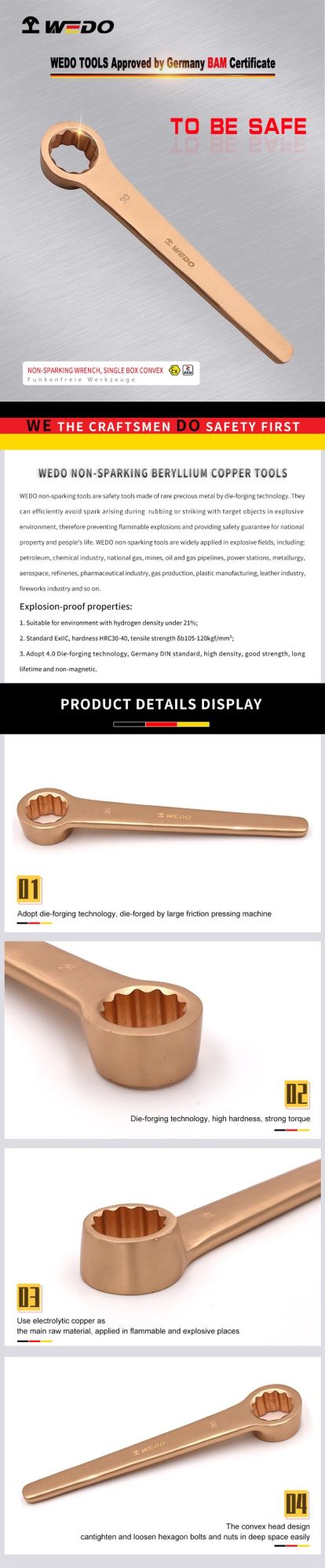 WEDO Beryllium Copper Wrench Non-Magnetic/Sparking Single Box/Ring Convex Spanner