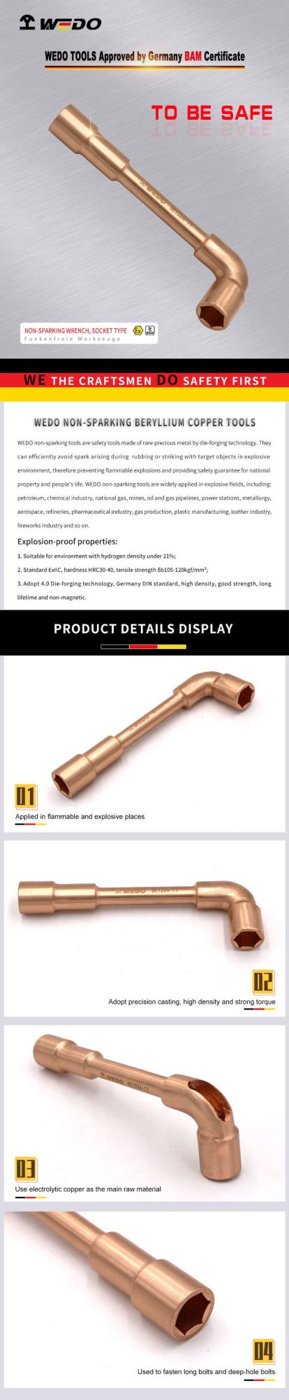 WEDO Beryllium Copper Spanner Non-Sparking Socket Wrench L-Type High Quality Spanner Bam/FM/GS Certified