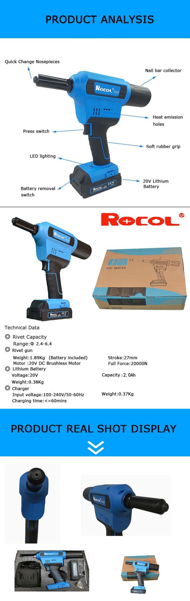 Rechargeable 2.4-6.4 Powerful Lithium Battery Pop Riveting Tool