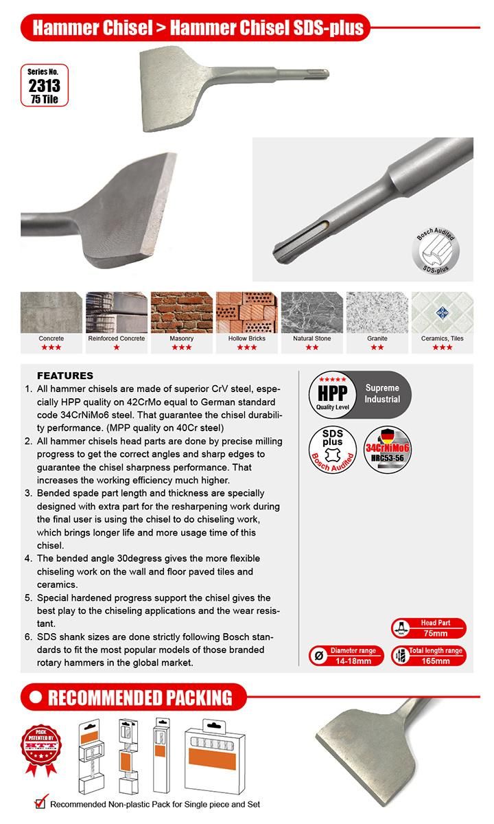 Supreme Alloy Steel Bent Spade Head 75mm Wide Tile Chisel SDS Plus for Tile Ceramic Porcelain Slab Breakage