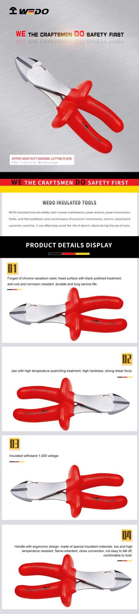 WEDO Diagonal Pliers 7" Insulated Cutting Pliers Dipped Heavy Duty Pliers