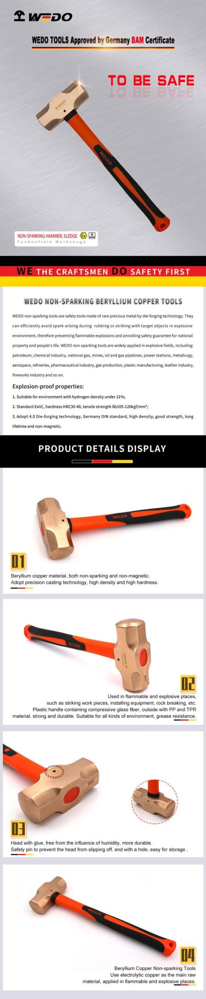 WEDO Beryllium Copper Hammer Non Sparking Sledge Hammer Fiberglass Handle Bam/FM/GS Certified