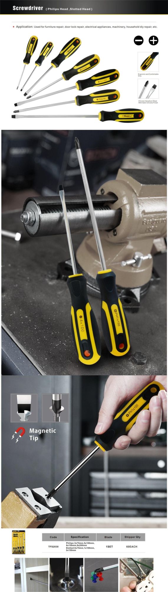 7PCS Hand Tools Cr-V Steel Blackened Magnetic Tips Screwdriver Set