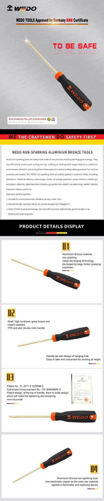 WEDO Non-Sparking Screwdriver Aluminium Bronze Phillips/Cross Screwdriver Double Color Anti-Slip Handle