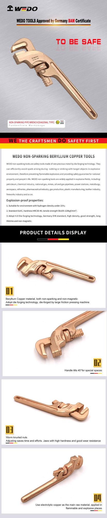 WEDO Non-Sparking Pipe Wrench Beryllium Copper Pipe Wrench (Diagonal Type) Bam/FM/GS Certified
