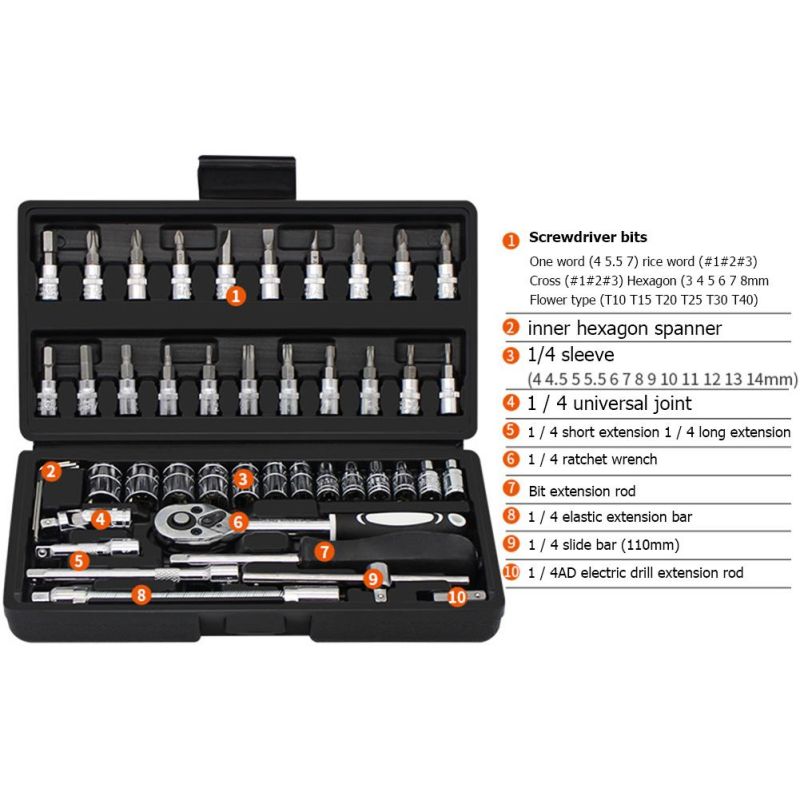 46PCS Quick Ratchet Socket Wrench Slotted Screwdriver Repair Hand Tools