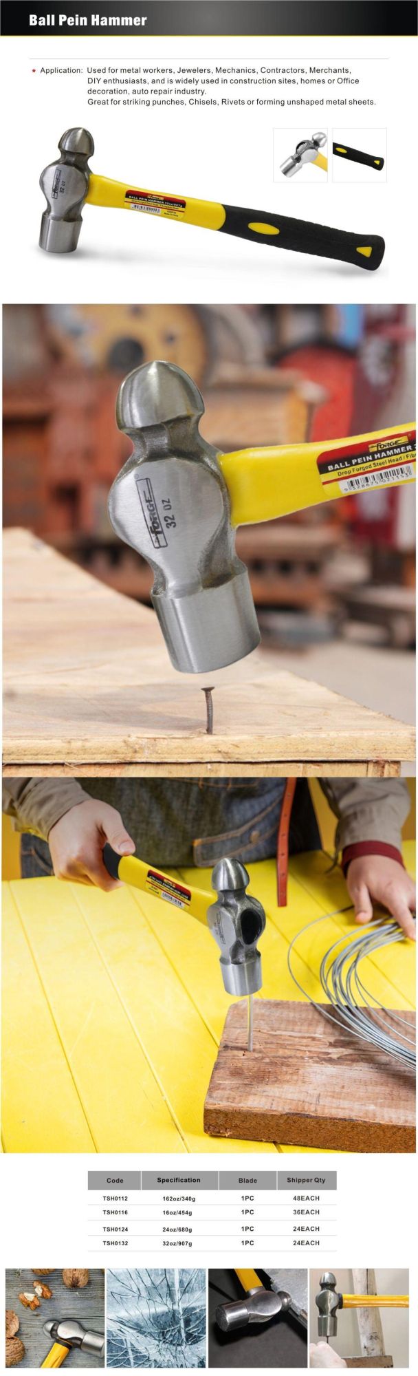 24oz Forged Carbon Steel Ball Pein Hammer with Fiberglass Handle