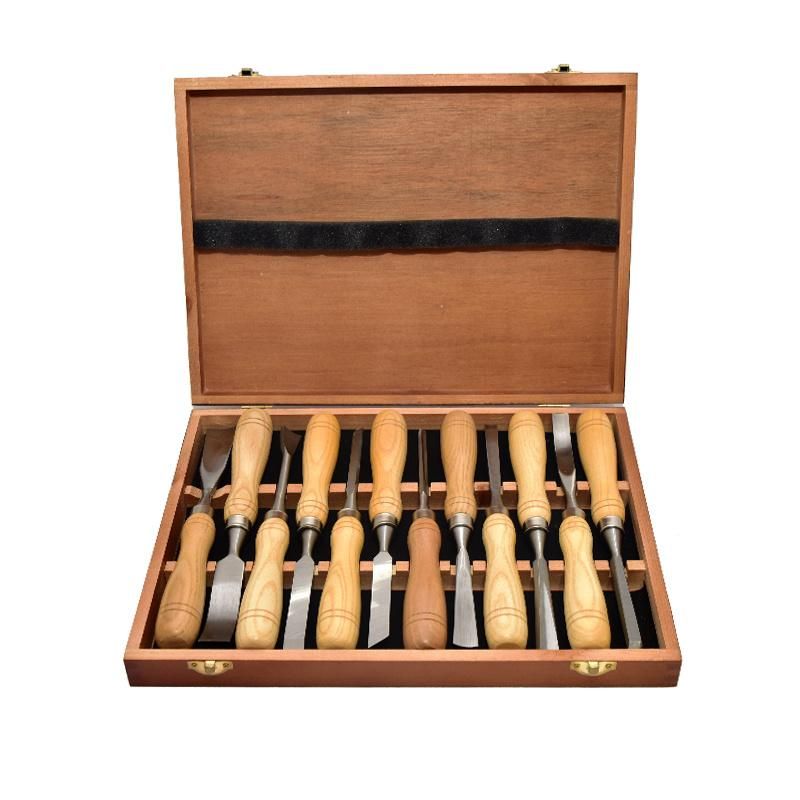Wooden Carry Case with 12 PC Wood Handle Carving Chisel Tool Set