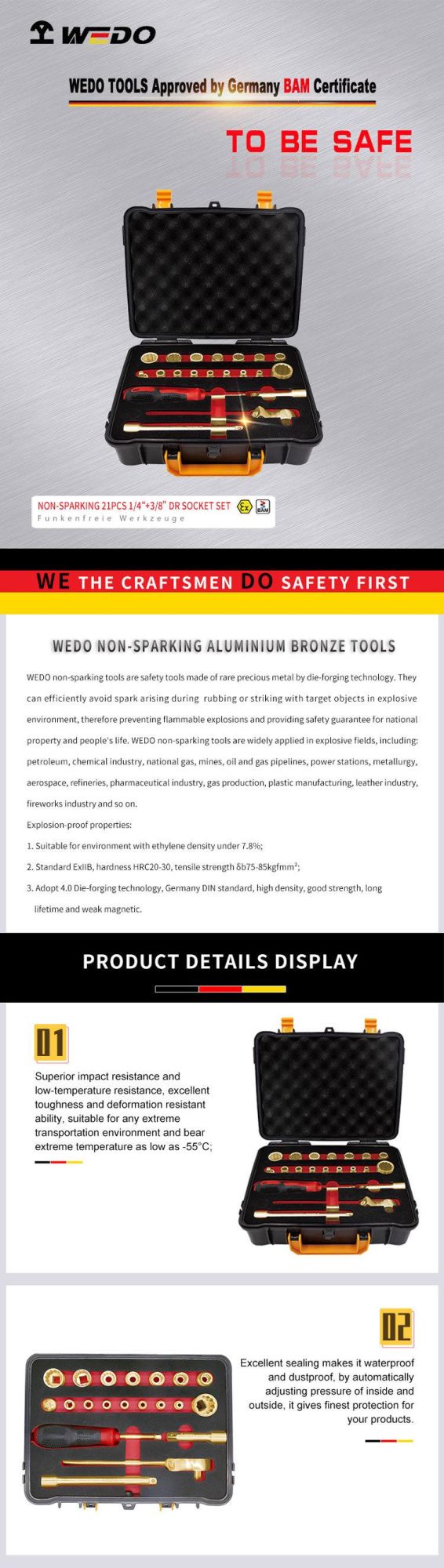 WEDO 21 PCS Non-Sparking Tools Set Spark-Free Safety Tools Kit