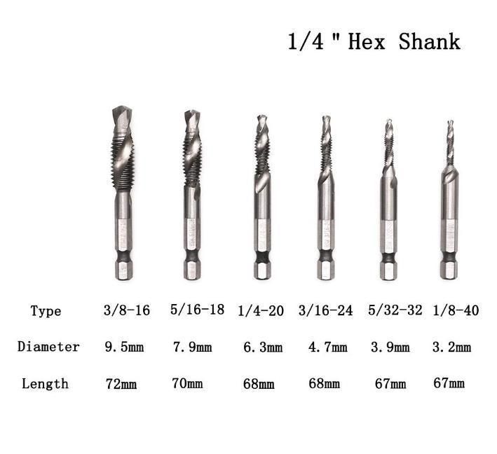 6PCS 1/4 Hex Shank Combination Drill and Tap Bit Set