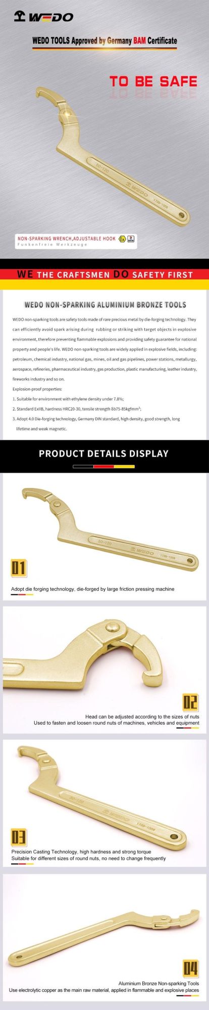 WEDO Non-Sparking Adjustable Hook Spanner Spark-Free Safety Wrench Aluminium Bronze