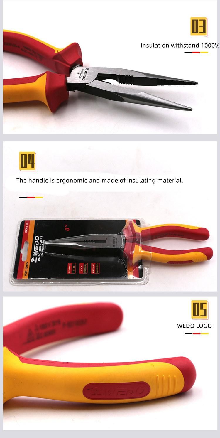 WEDO 6" 8"Insulated Pliers VDE 1000V Snipe Nose Pliers Chrome Vanadium Steel Anti-Slip Handle