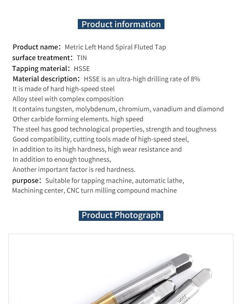 Hsse-M35 JIS with Tin Left Hand Spiral Fluted Taps M2 M2.3 M2.5 M2.6 M3 M4 M5 M6 M7 M8 M9 M10 M12 M14 M16 Machine Thread Screw Tap