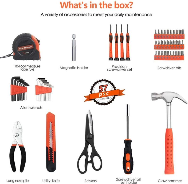 57 Pieces Household Hand Tool Kit, Professional Repair Kit with Storage Case, Anti-Slip Handle for Home, Apartment, Garage, Dorm, Office