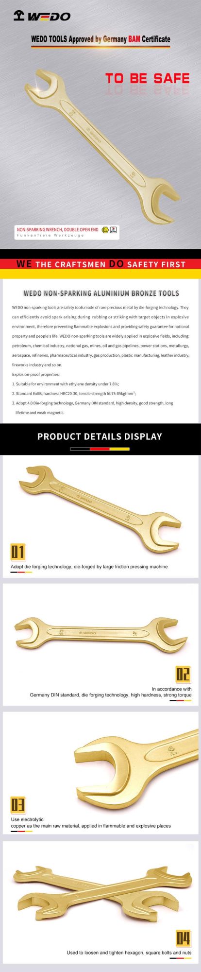 WEDO Non Sparking Aluminium Bronze Double Open End Wrench Bam/FM/GS Certified