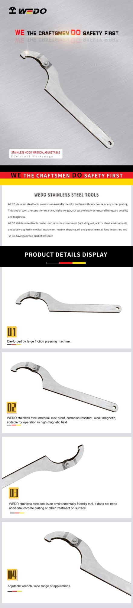 WEDO Stainless Steel Hook Spanner Heavy Duty Adjustable Hook Wrench