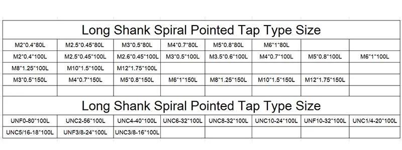 Hsse-M35 JIS Long Shank 80mm Spiral Pointed Taps M2 M2.5 M3 M4 M5 M6 Tapping with Good Cutting Machine Screw Thread Tap