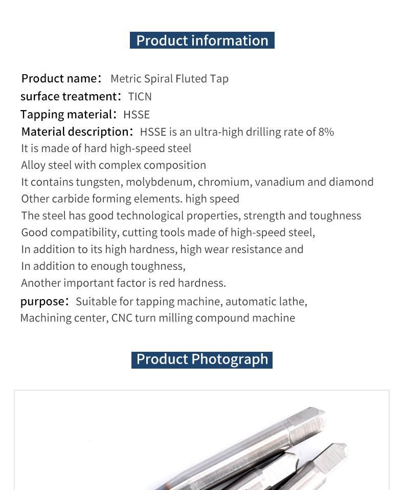 Hsse-M35 With Ticn Spiral Fluted Taps M2 M2.5 M3 M4 M5 M6 M8 M10 M12 Machine Screw Thread Tap