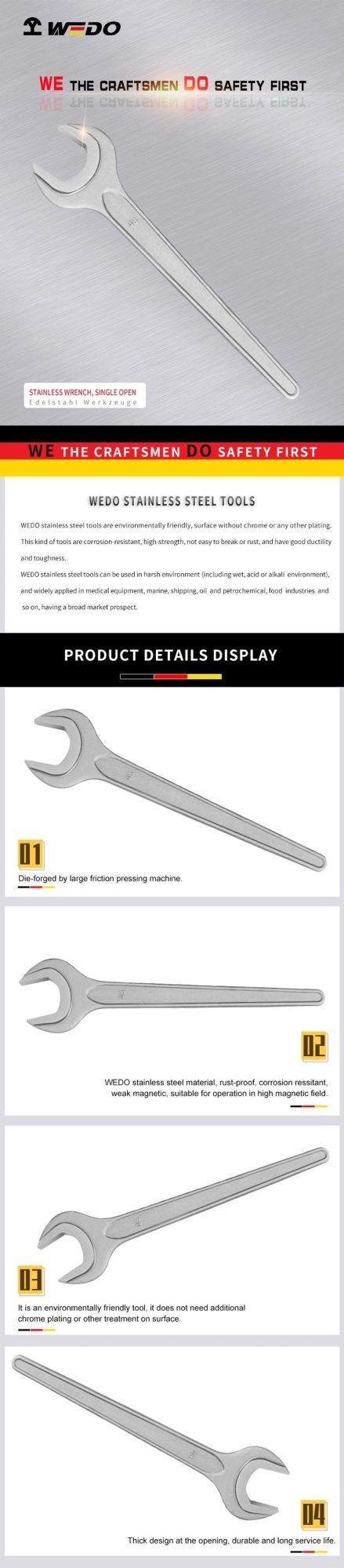 WEDO Stainless Steel Single Open Ended Wrench 304/316/420 Material Available