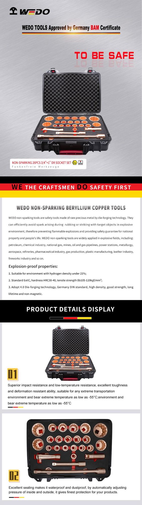 WEDO Non-Sparking 3/4" *1socket Set 26PCS Spark-Free Safety Socket Tools Kit Beryllium Copper