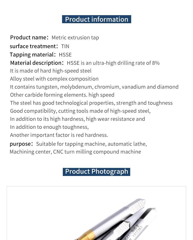 Hsse-M42 with Tin Forming Taps M0.5 M0.6 M0.7 M0.8 M0.9 M1 M1.1 M1.2 M1.4 M1.5 M1.6 M1.7 M1.8 M2 M2.2 M2.5 M2.6 M3 M4 M5 M5.5 M6 Machine Roll Thread Screw Tap