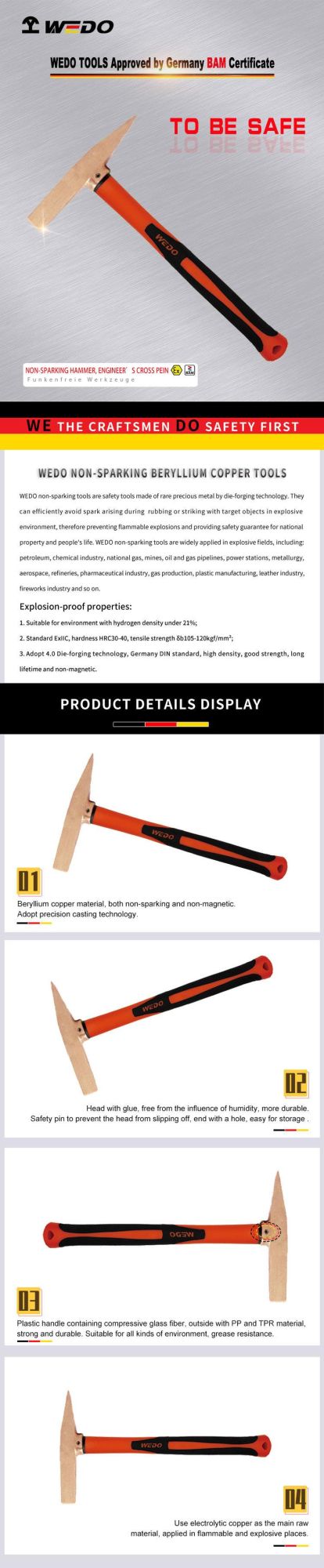 Wedo Beryllium Copper Non-Sparking Rust and Welding Slag Removal Scaling Hammer