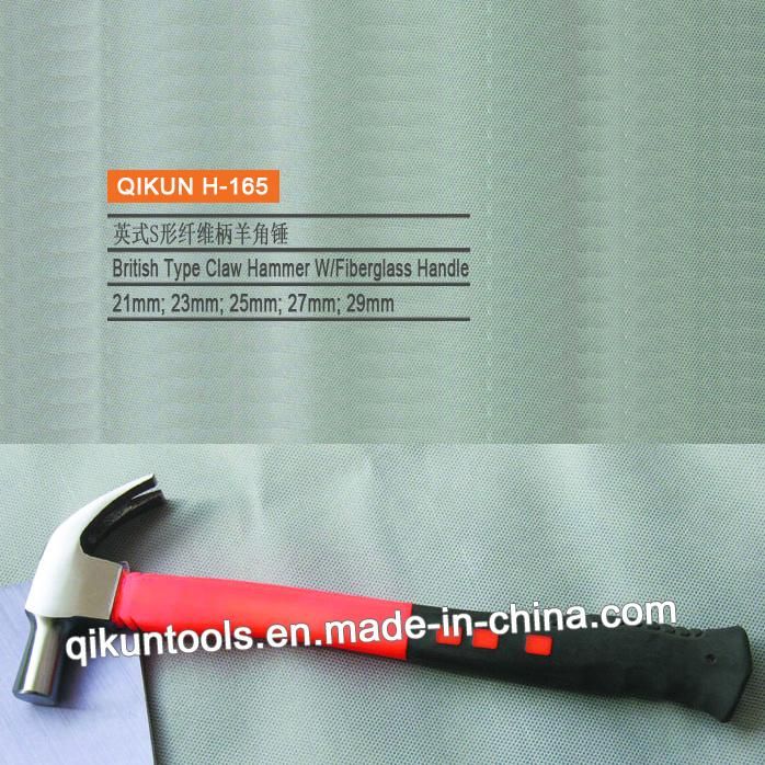 H-162 Construction Hardware Hand Tools Mirror Polished Claw Hammer with Fiberglass Handle