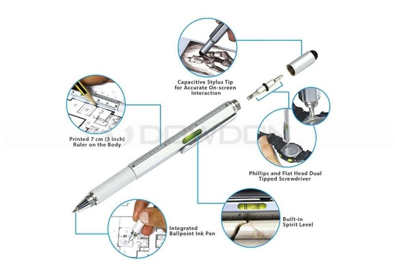 Versatile Stylus Pen Tool 6 in 1 Pen Multitool Ballpoint Pen, Stylus, Ruler, Screwdrivers, Level Gauge