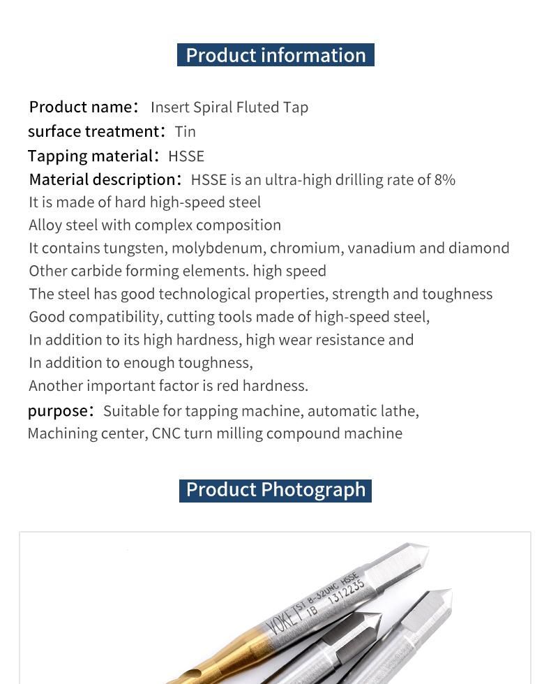 Hsse-M35 JIS Insert with Tin Spiral Fluted Taps St Unc Unf 2-56 4-40 6-32 8-32 10-24 10-32 1/4 5/16 3/8 1/2 Machine Thread Screw Tap