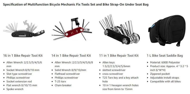 Bicycle Repair Set Bike Outdoor Seat Saddle Bag 14 in 1 Multi Function Tool Kit Chain Splitter