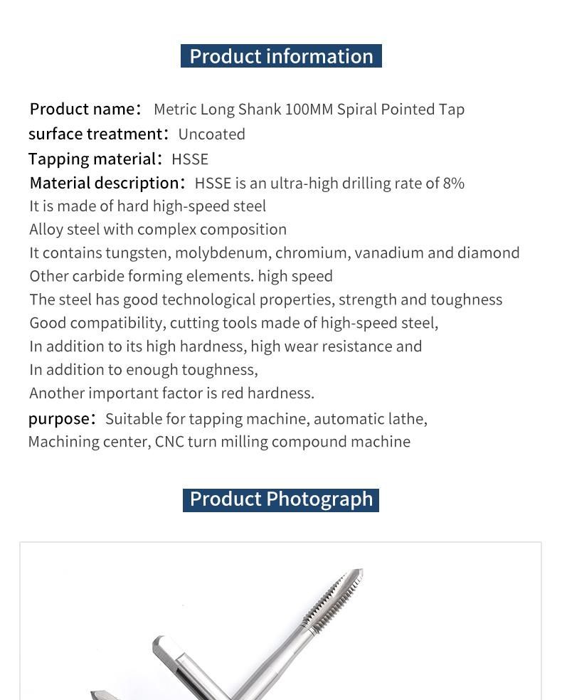 Hsse-M35 JIS Long Shank 100mm Spiral Pointed Taps M2 M2.5 M2.6 M3 M3.5 M4 M5 M6 M8 M10 M12 Machine Thread Screw Tap