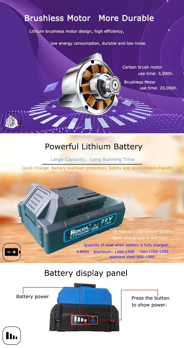 Working Lighting 20V Li-ion Battery Lithium Rivet Gun