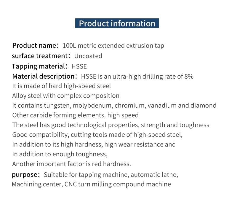 Hsse-M42 JIS Long Shank 100mm Forming Taps M1.4 M1.6 M2 M2.5 M2.6 M3 M3.5 M4 M5 M6 M8 M10 M12 Machine Thread Screw Tap