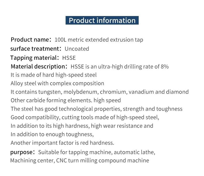 Hsse-M42 JIS Long Shank 100mm Forming Taps M1.4 M1.6 M2 M2.5 M2.6 M3 M3.5 M4 M5 M6 M8 M10 M12 Machine Thread Screw Tap