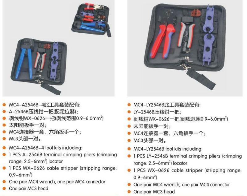 [OEM] Solar Tool Kits Bag Set, Mc 4 Crimping Plier 2.5/4/6mm2, Cable Stripper, Wire Cutter < 35mm2, PV Connector Spanner a-2546b