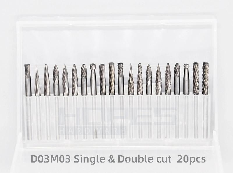 20PCS 3mm Solid Carbide Burr Rotary File Set with Single Double Cut Tooth Grinding Bits Kit