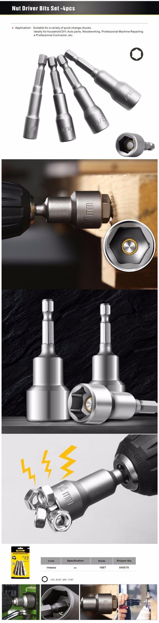 4PCS Cr-V Steel Socket Magnetic Hex Nut Driver Bits Set