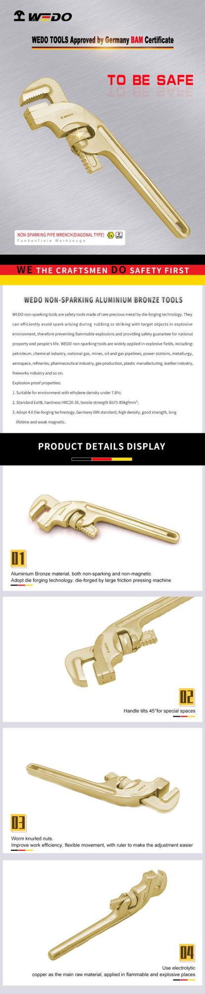 Wedo Aluminium Bronze Alloy Non Sparking Diagonal Type Pipe Wrench