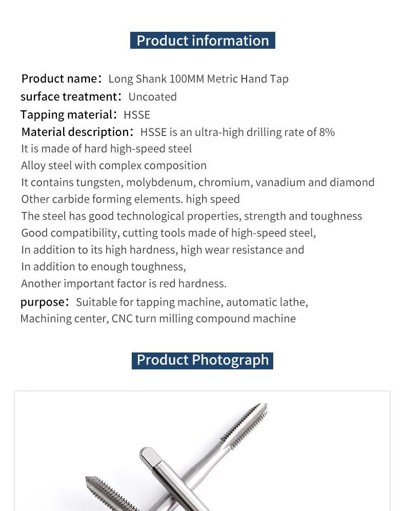 M5*0.8*100L Hsse-M35 Long Shank 100mm Straight Groove Taps M3*0.5 M4*0.7 M5*0.8 M6*1 Hand Screw Thread Tap