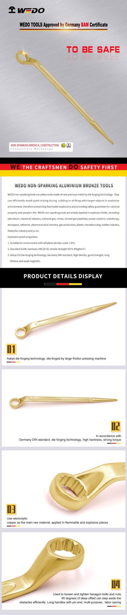 WEDO Non-Sparking Crowbar Box Wrench Construction Wrench Spanner Aluminium Bronze