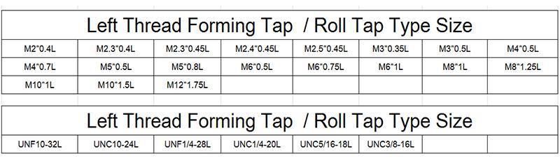 M2*0.4L Hsse-M42 Left Hand Forming Taps M2 M2.3 M2.4 M2.5 M3 M4 M5 M6 M8 M10 M12 Machine Thread Screw Tap