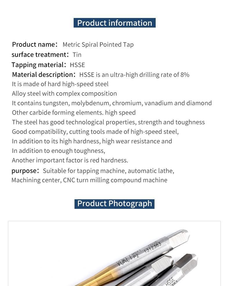 Hsse-M35 with Tin Spiral Pointed Taps M1 M1.2 M1.4 M1.5 M1.6 M1.7 M1.8 M2 M2.2 M2.5 M2.6 M3 M4 M5 M5.5 M6 M7 M8 M9 M10 M11 M12 Metric Machine Thread Screw Tap