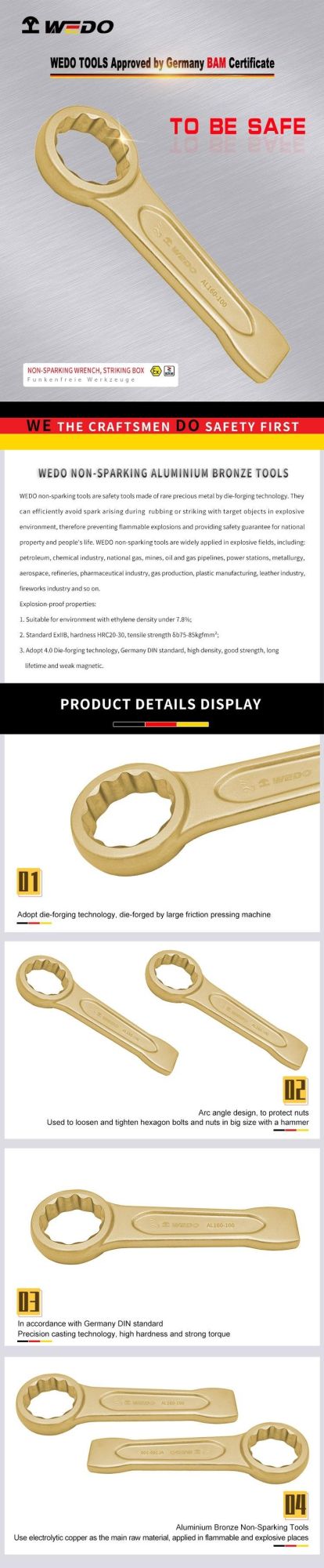 WEDO Aluminium Bronze Wrench Non-Sparking Striking Box/Ring Spanner Slogging Wrench