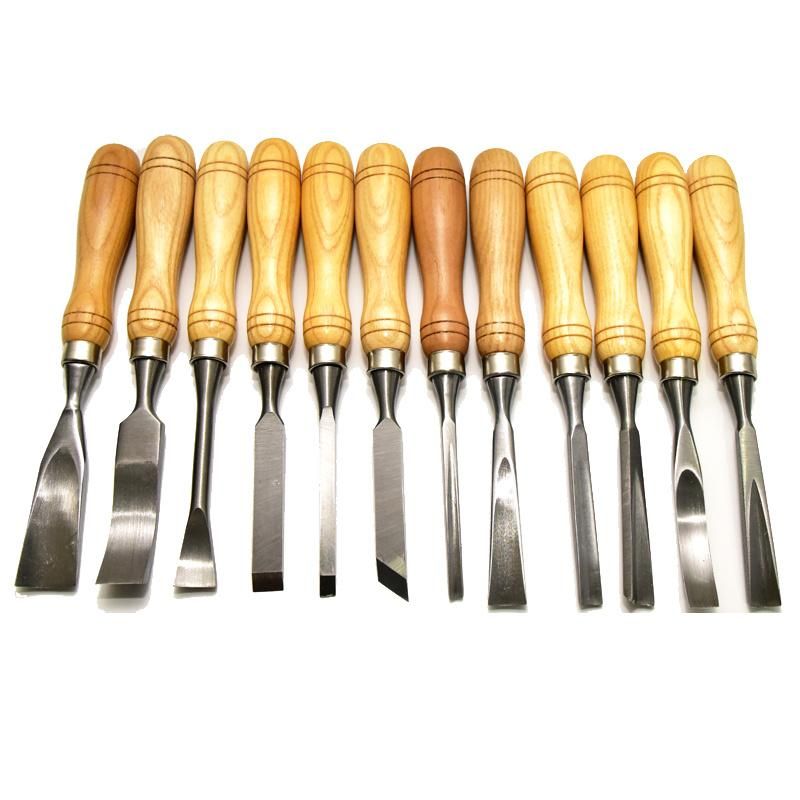 Wooden Carry Case with 12 PC Wood Handle Carving Chisel Tool Set