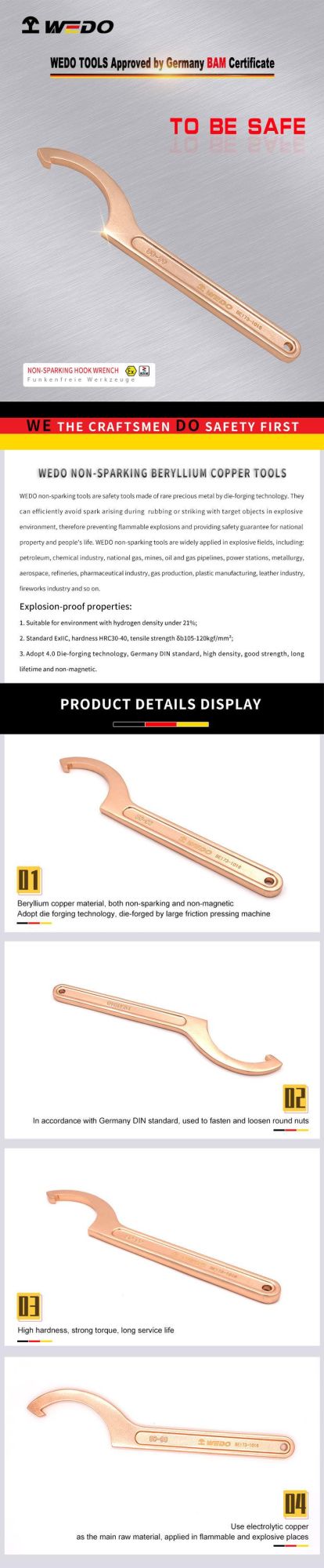 WEDO Non-Sparking Hook Spanner Beryllium Copper High Quality Hook Wrench