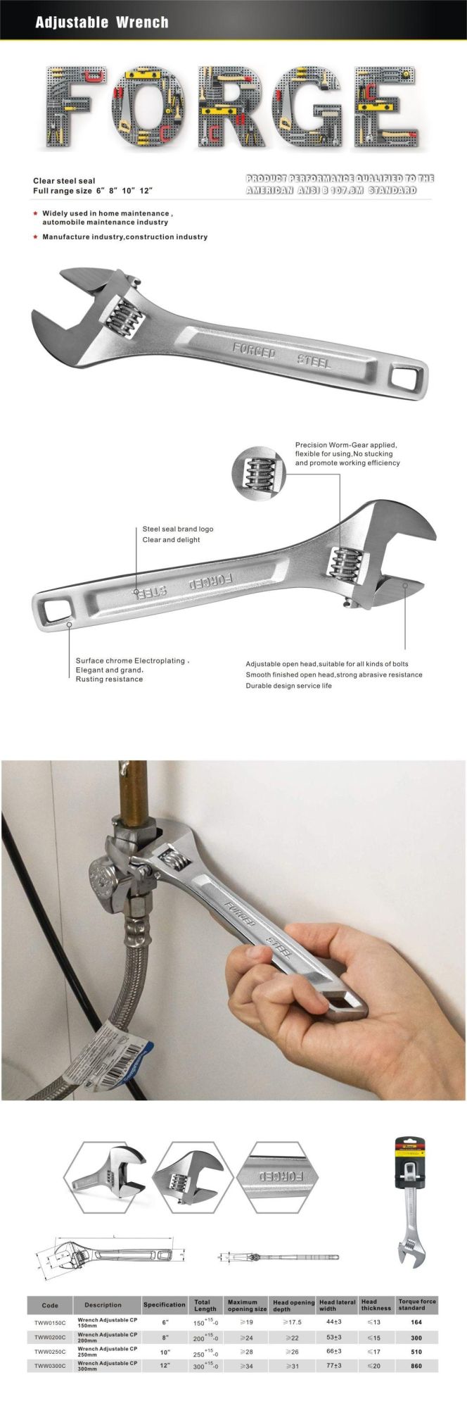 8" Quality Carbon Steel Spanners Chrome Plated Adjustable Wrench