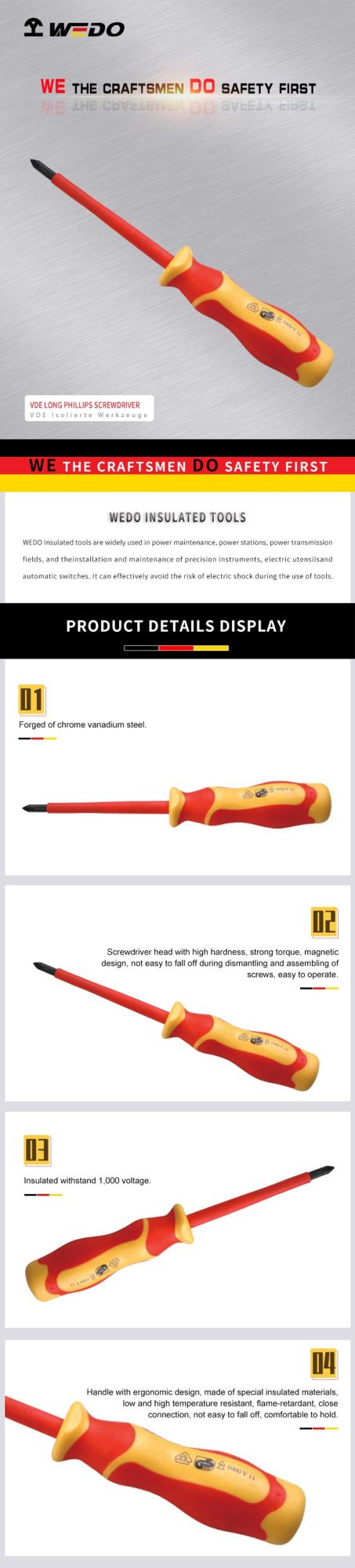 WEDO Insulated Phillips Screwdriver VDE 1000V Cross Screwdriver Doble Color Handle