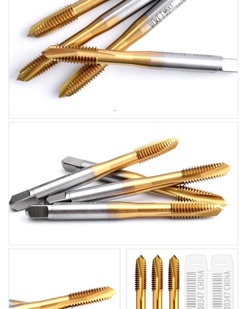 Hsse-M35 with Tin Spiral Pointed Taps M1 M1.2 M1.4 M1.5 M1.6 M1.7 M1.8 M2 M2.2 M2.5 M2.6 M3 M4 M5 M5.5 M6 M7 M8 M9 M10 M11 M12 Metric Machine Thread Screw Tap