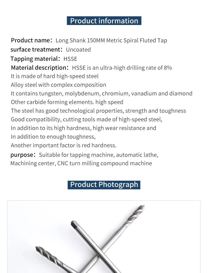 Hsse-M35 Long Shank 150mm Spiral Fluted Taps M3 M4 M5 M6 M8 M10 M12 M14 M16 Machine Thread Screw Tap