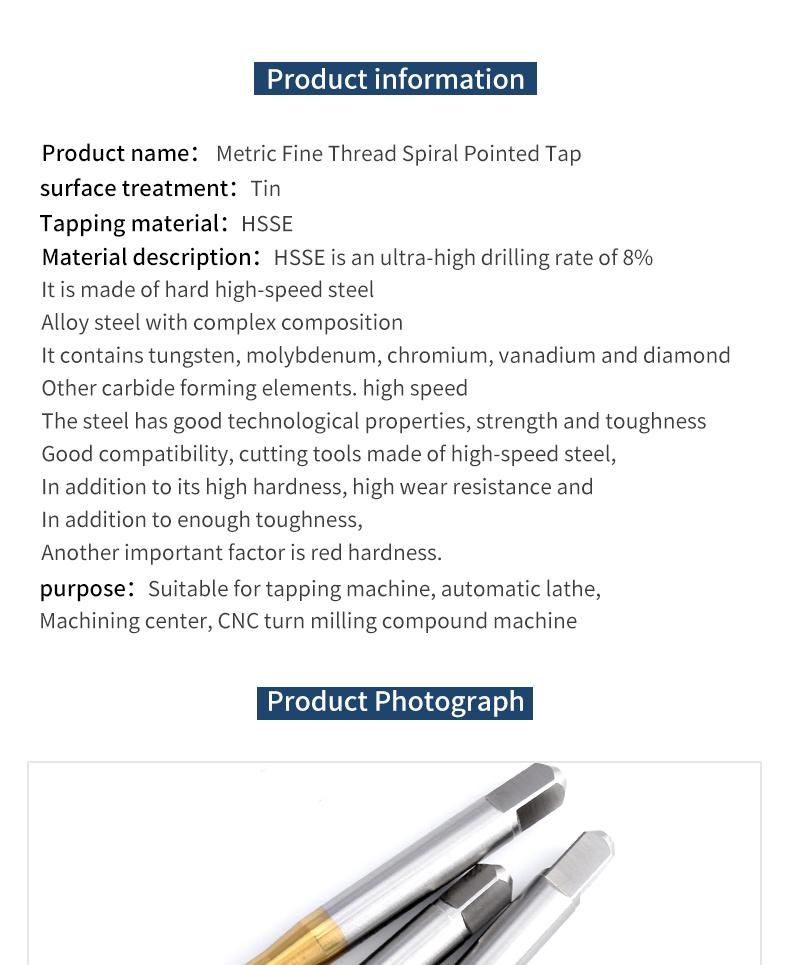 Hsse-M35 JIS with Tin Spiral Pointed Taps M11 M12 M13 M14 M15 M16 M18 M20 M22 Metric Screw Fine Thread Tap